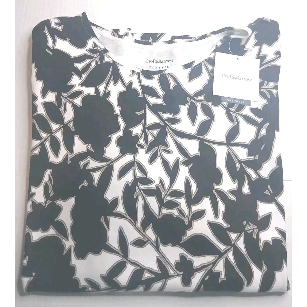 New Croft And Barrow Black Floral Print Classic Tee Size 1X
